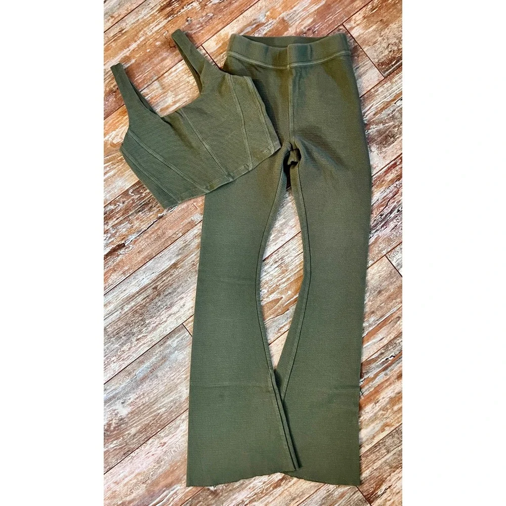 OFFLINE by Aerie Ribbed Flare Leggings and Corset Crop Top Set Olive Green Small